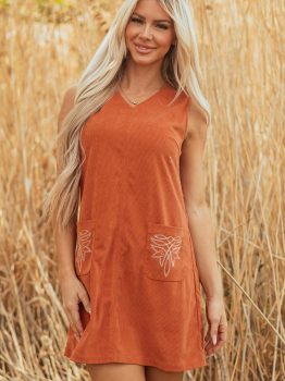Gold Flame Corduroy Western Embroidered Patched Pocket Shift Sleeveless Mini Dress