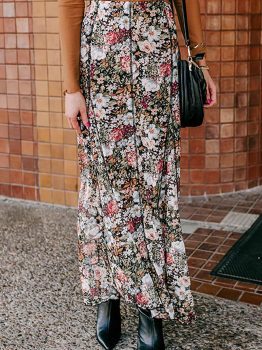 Brown Floral Print High Waist Maxi Skirt