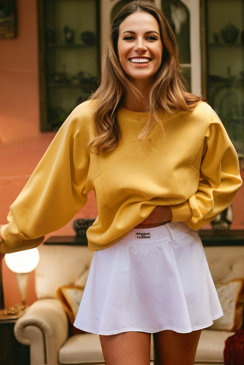 Citrus Pleated Balloon Sleeve Pullover Solid Sweatshirt - Image 3