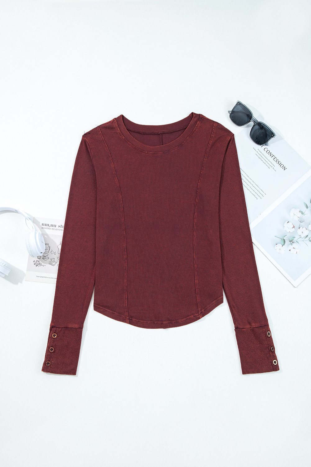 Burgundy Exposed Seam Ribbed Long Sleeve Top - Image 4