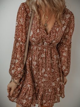 Brown Boho Floral Ruffled Puff Sleeve V Neck Mini Dress