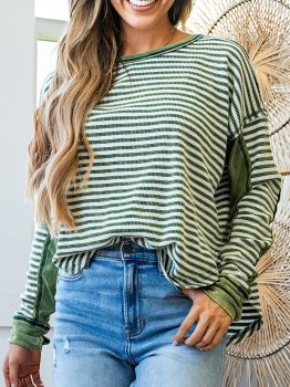 Green Stripe Thermal Knit Drop Shoulder Casual Top