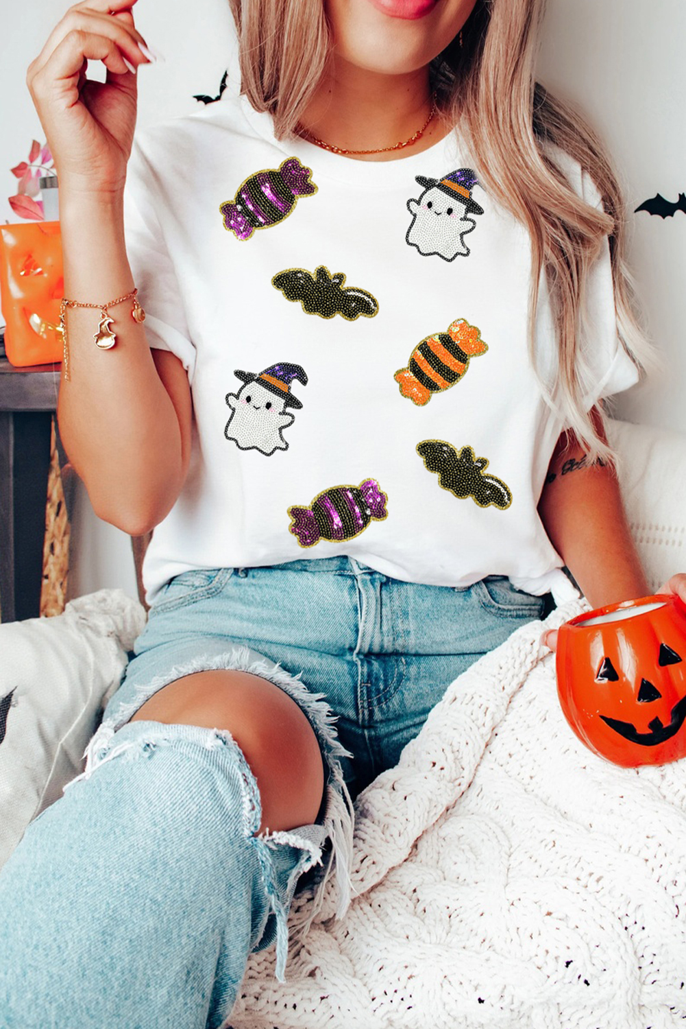 White Sequined Halloween Spirit Pattern Patched Custom Casual Tee - Image 6