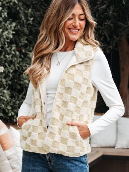 Khaki Sherpa Checkerboard Snap Button Vest Jacket With Pocket