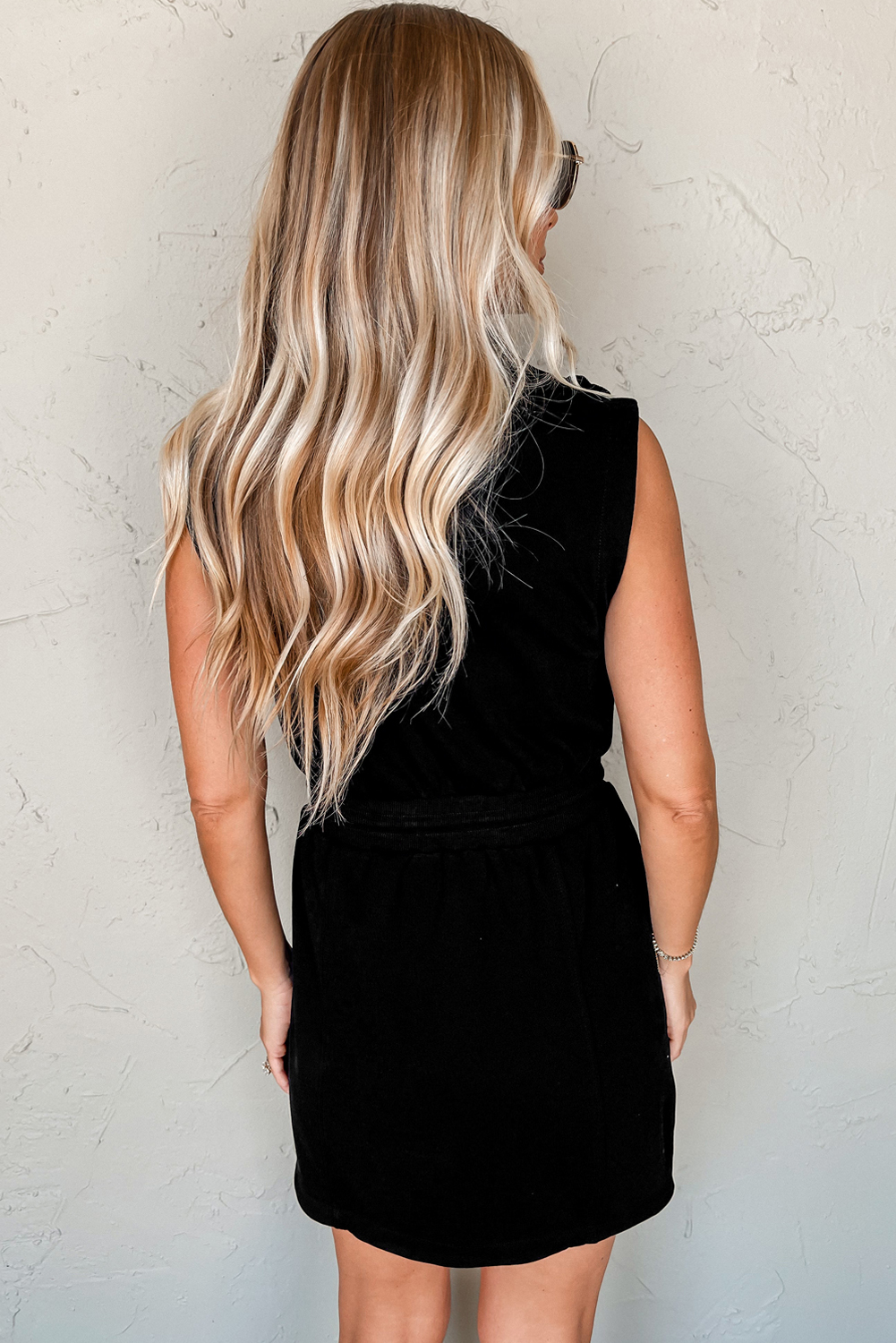 Black French Terry Zipped Collar Sleeveless Drawstring Waist Mini Dress - Image 2