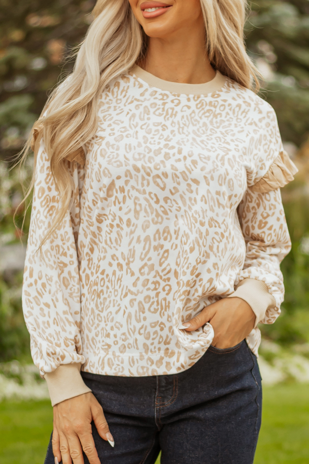 Khaki Leopard Ruffle Detail Ribbed Trim Round Neck Sweatshirt - Image 7