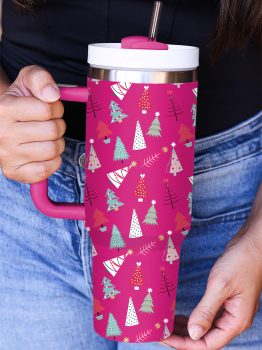 Rose Red Cartoon Christmas Tree Printed Thermos Cup 40oz