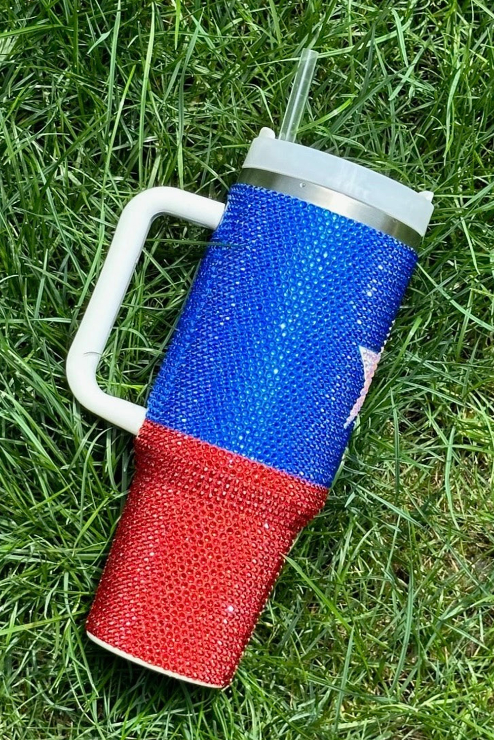 Dark Blue American Flag Star Full Rhinestone Handle Tumbler 40oz - Image 4
