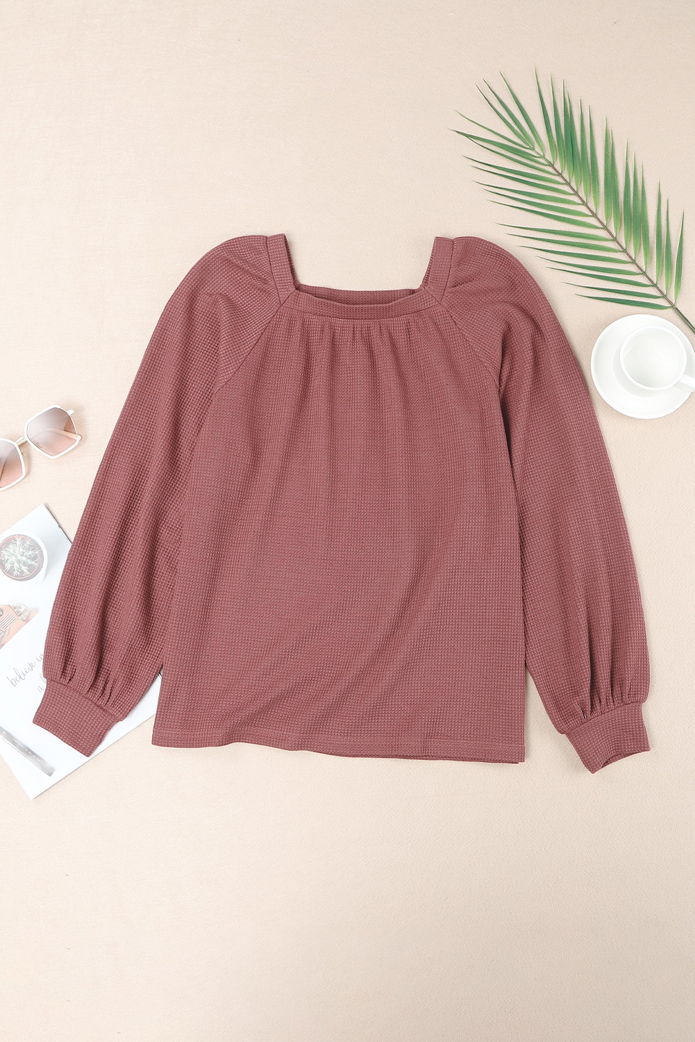 Square Neck Puff Sleeve Waffle Knit Top - Image 6