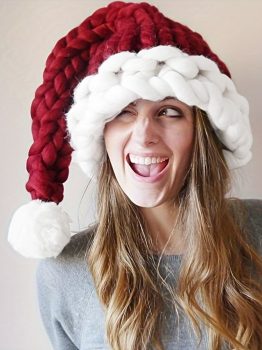 Dearlove Red Dahlia Color Block Pom Pom Decor Chunky Knitted Christmas Hat