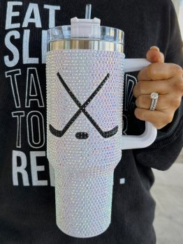 Silvery Hockey Game Day Rhinestone 40 Oz Tumbler with Handle