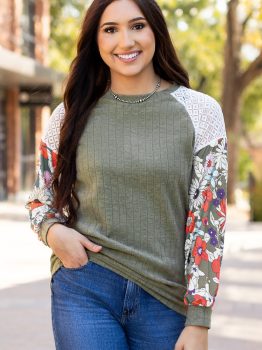 Laurel Green Floral Patchwork Long Sleeve Ribbed Blouse