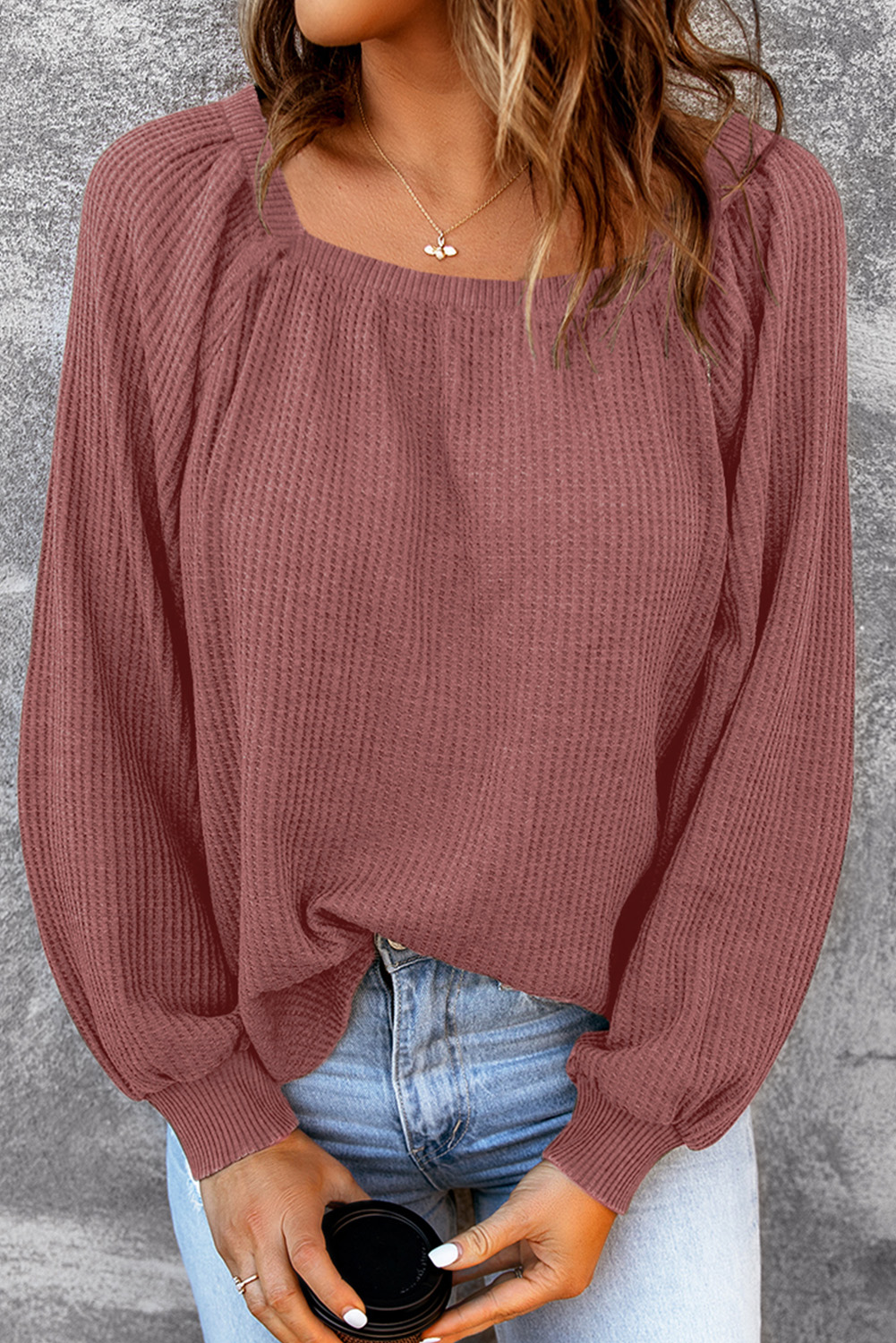 Square Neck Puff Sleeve Waffle Knit Top - Image 3