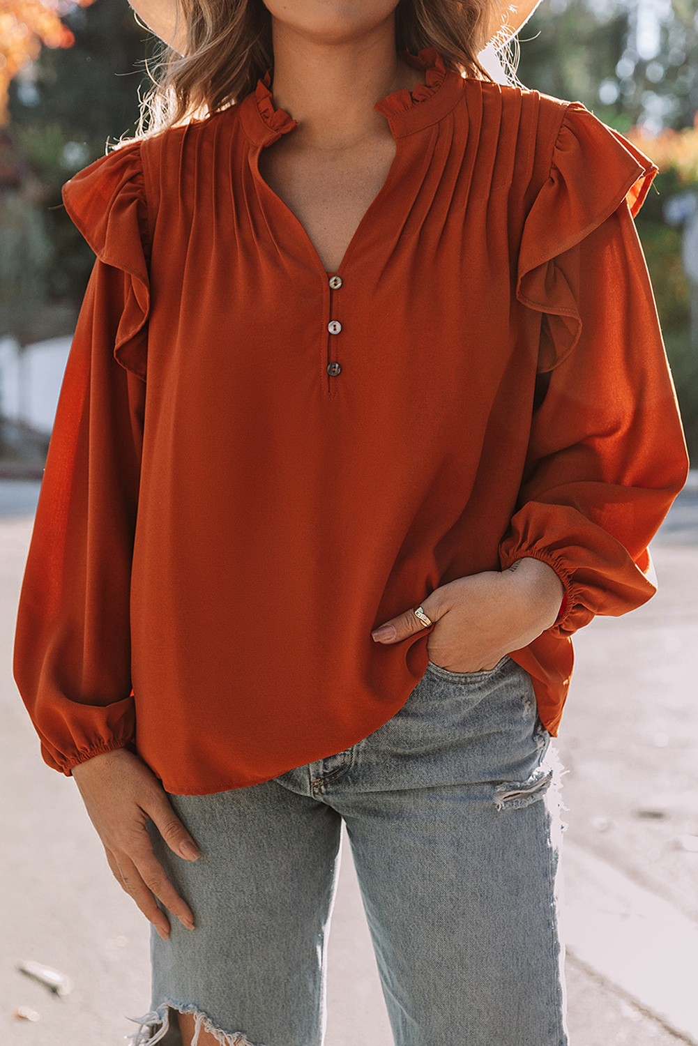Orange Ruffled Pleated Buttoned V Neck Blouse - Image 8