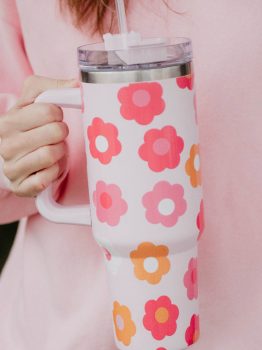 Multicolor Flower Print Handled Stainless Steel Vacuum Cup 40oz