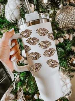 White Valentine Leopard Lips Print Thermos Cup with Straw 40oz
