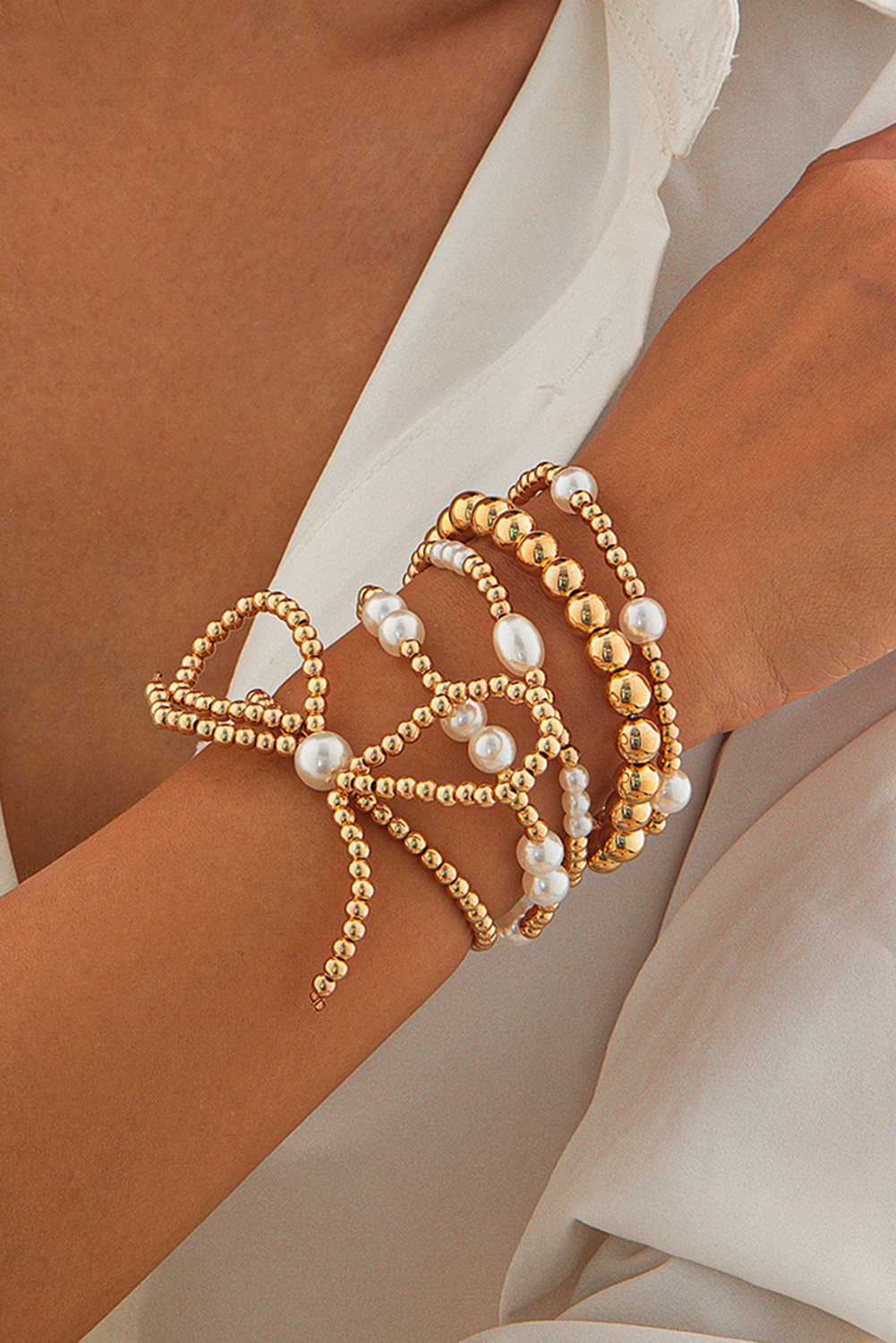 Gold Bow Knot Pearl Beaded Multi Layered Bracelet Set - Image 2