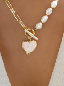 Gold Heart Shape Pendant Rhinestone Decor Pearl Chain Necklace