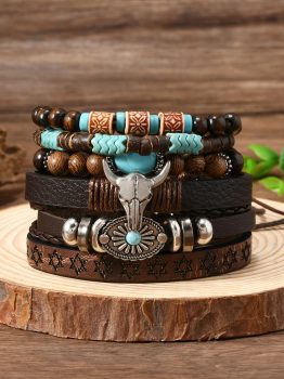 Chestnut 6 Piece Western Bull Skull Turquoise Beading Bracelet