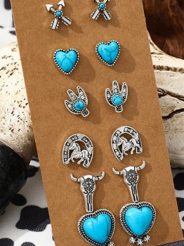 Silvery 6 Pairs Western Turquoise Alloy Stud Earrings
