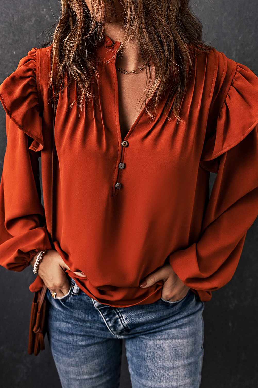 Orange Ruffled Pleated Buttoned V Neck Blouse - Image 4