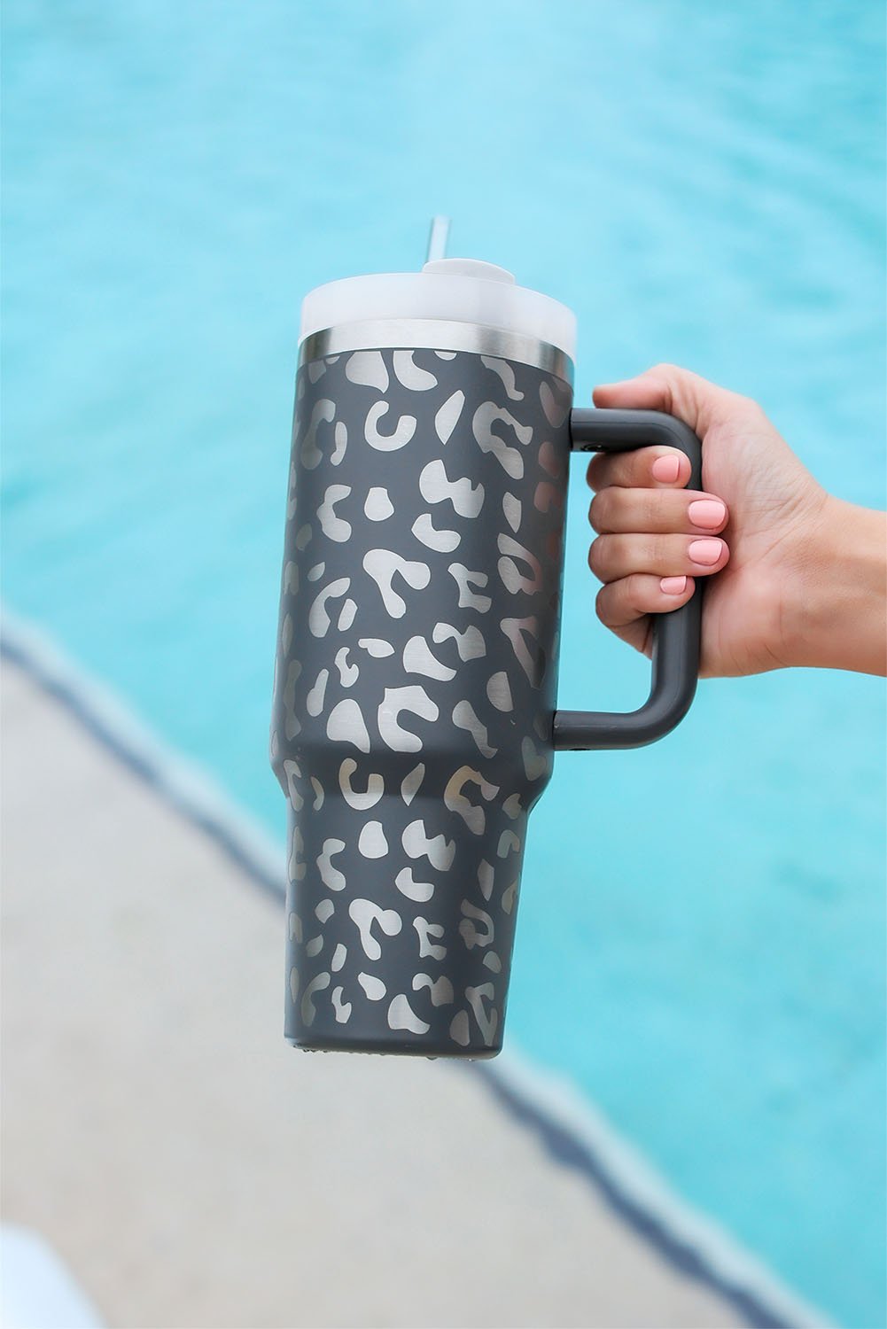 Gray Leopard Print 40OZ Stainless Steel Portable Cup with Handle - Image 3