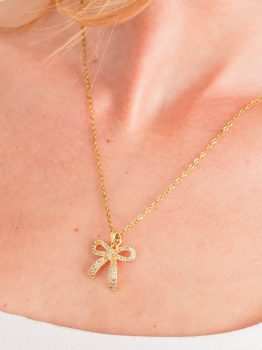 Gold Plated Rhinestone Bowknot Pendant Necklace