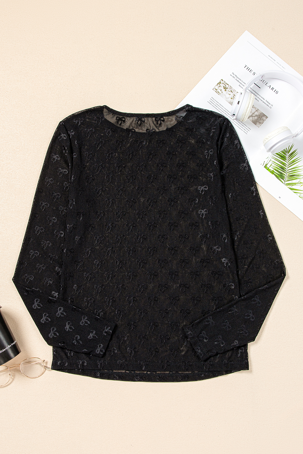 Black Mesh Bow Pattern Long Sleeve Top - Image 7