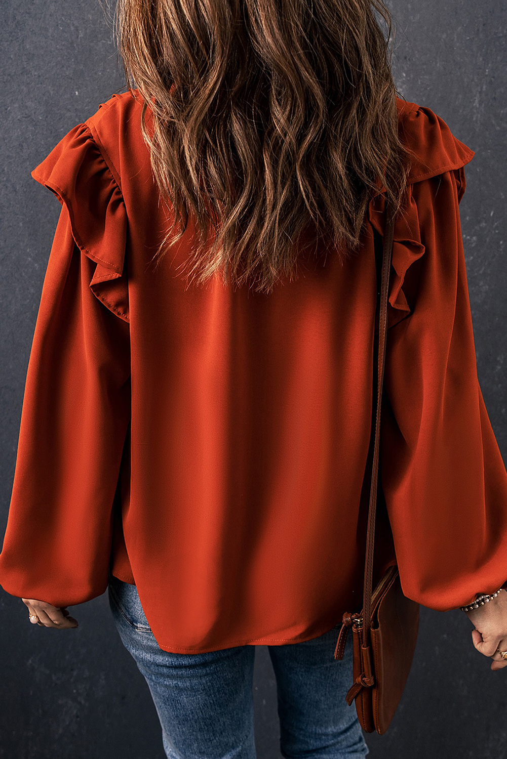 Orange Ruffled Pleated Buttoned V Neck Blouse - Image 2