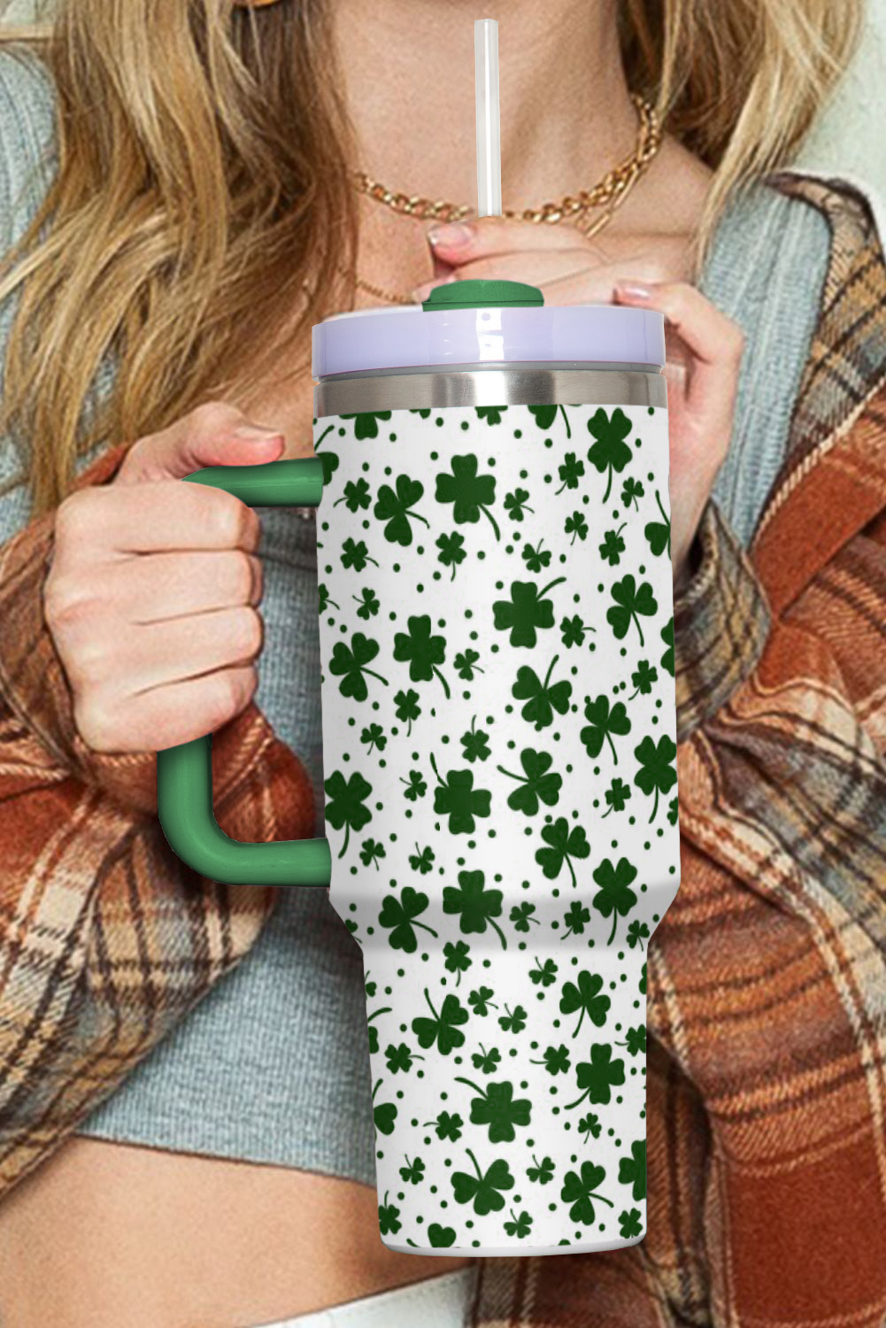 Dark Green Clover Print Thermos Cup with Handle 40oz - Image 5