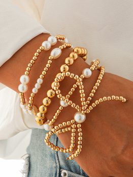 Gold Bow Knot Pearl Beaded Multi Layered Bracelet Set