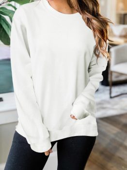 Beige Plain Crew Neck Pullover Sweatshirt