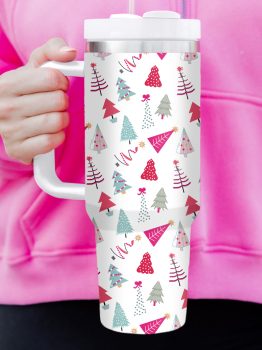 White Cartoon Christmas Tree Printed Thermos Cup 40oz