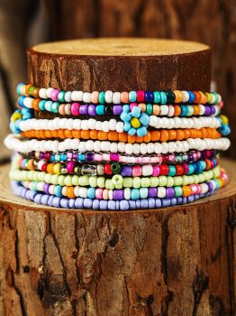 Yellow Flower Random Color Multi Layered Beaded Anklet Set