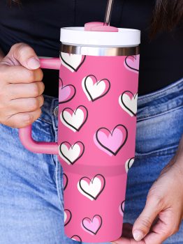 Rose Red Valentines Heart Printed Thermos Cup with Handle 40oz