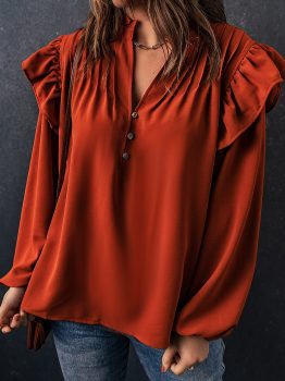 Orange Ruffled Pleated Buttoned V Neck Blouse