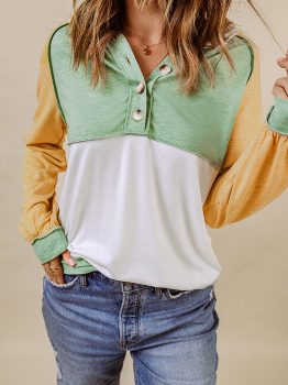 Yellow Colorblock Button Accent Pullover Hoodie