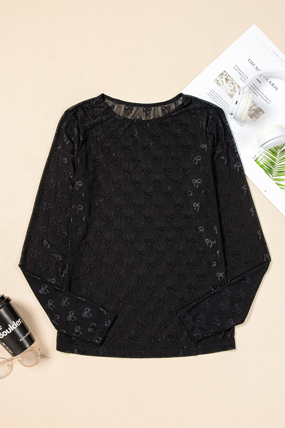 Black Mesh Bow Pattern Long Sleeve Top - Image 6