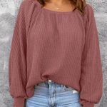 Square Neck Puff Sleeve Waffle Knit Top