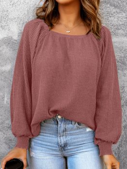 Square Neck Puff Sleeve Waffle Knit Top