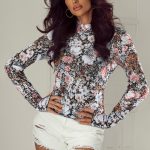 Brown Floral Long Sleeve High Neck Sheath Mesh Blouse