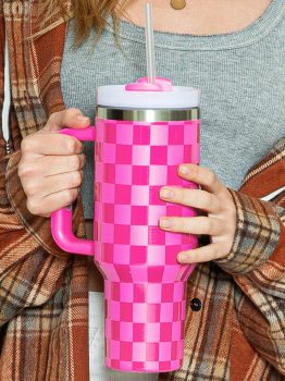 Bright Pink Checkered Print Handled Stainless Steel Tumbler Cup 40oz