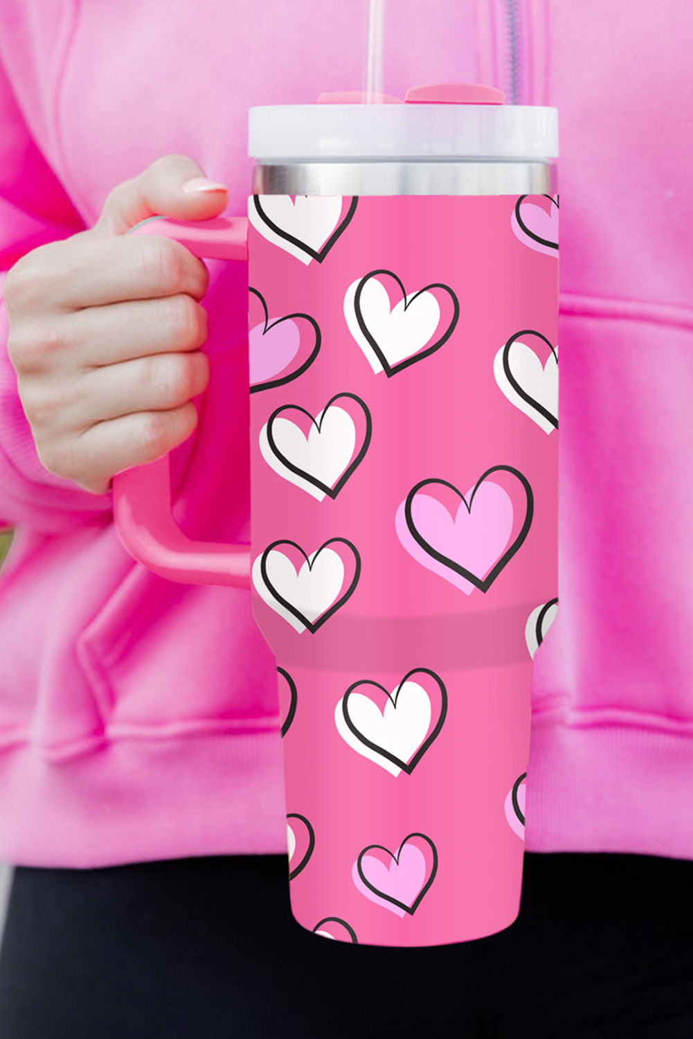Rose Red Valentines Heart Printed Thermos Cup with Handle 40oz - Image 3