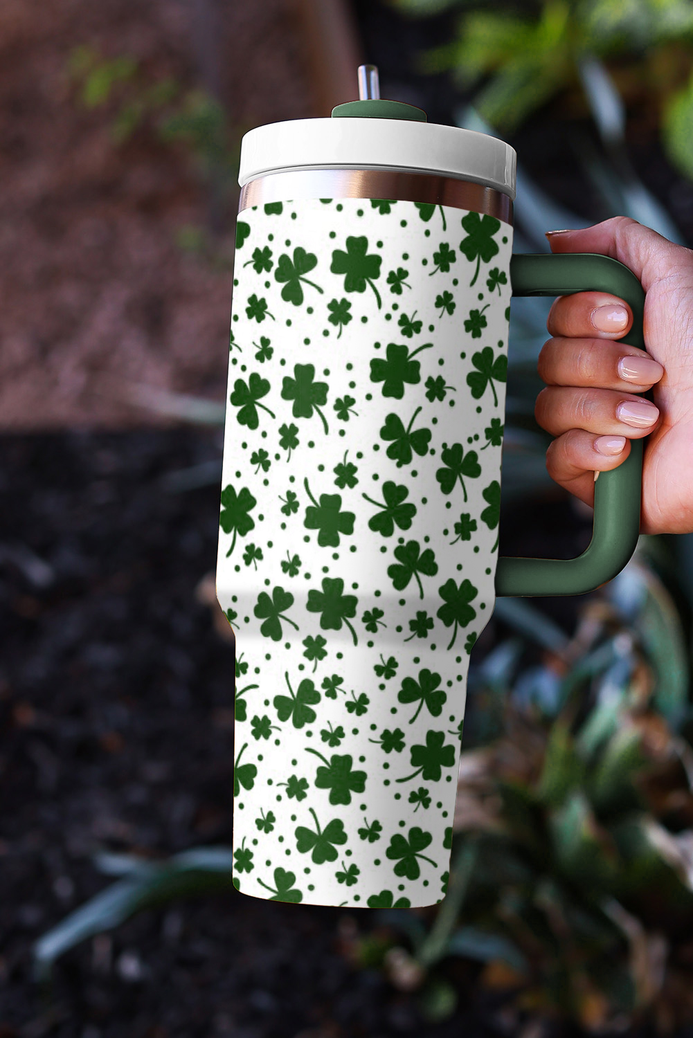 Dark Green Clover Print Thermos Cup with Handle 40oz - Image 2