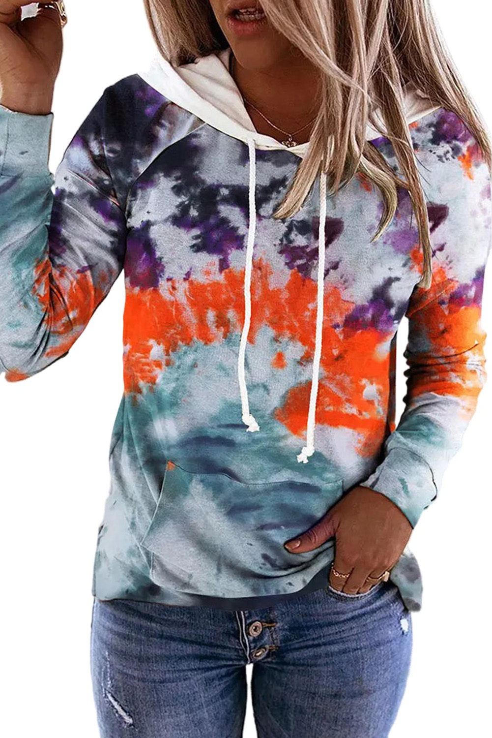 Multicolor Tie Dye Drawstring Kangaroo Pocket Hoodie - Image 2