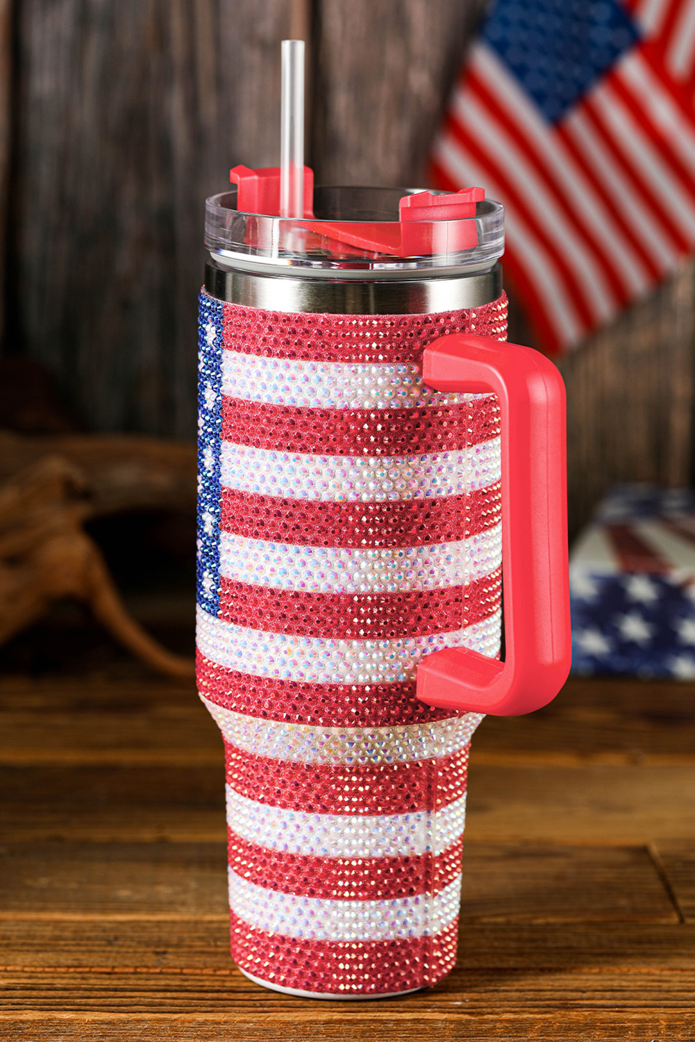 Red Rhinestone American Flag Print Handled 40oz Thermos Tumbler - Image 3