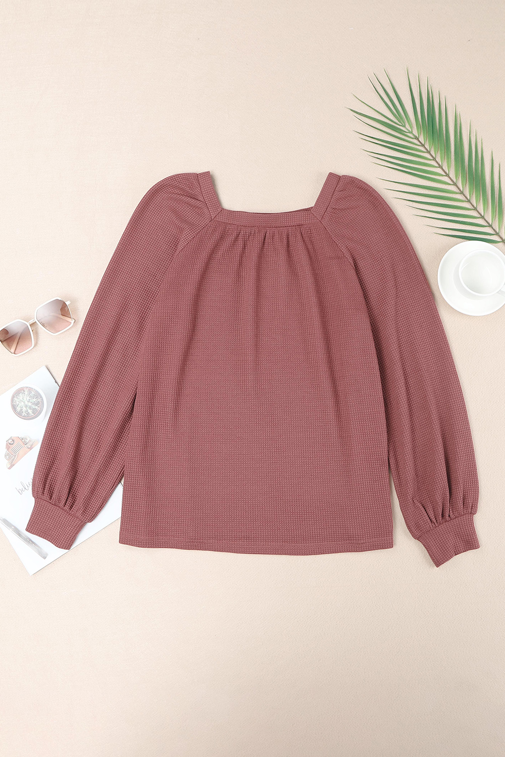 Square Neck Puff Sleeve Waffle Knit Top - Image 5