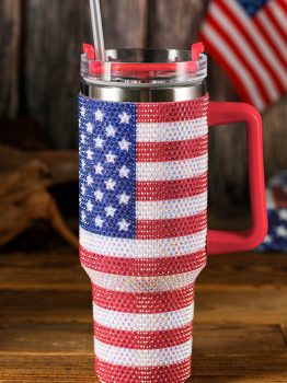 Red Rhinestone American Flag Print Handled 40oz Thermos Tumbler