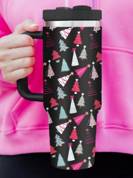 Black Cartoon Christmas Tree Printed Thermos Cup 40oz