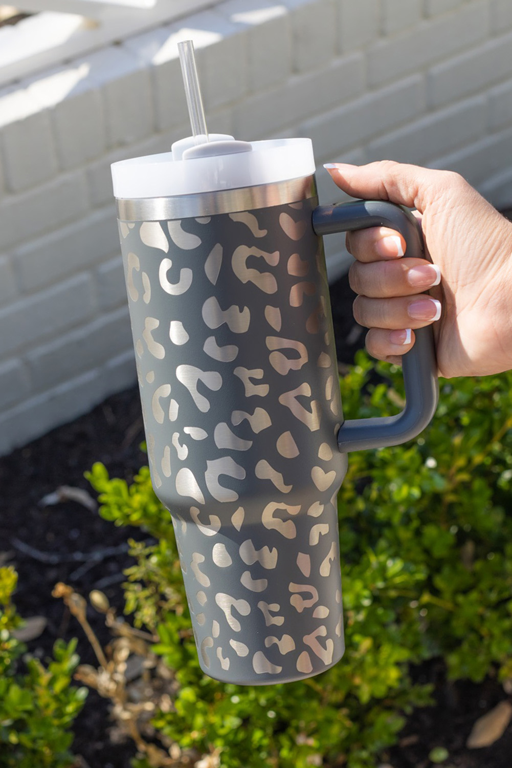 Gray Leopard Print 40OZ Stainless Steel Portable Cup with Handle - Image 5